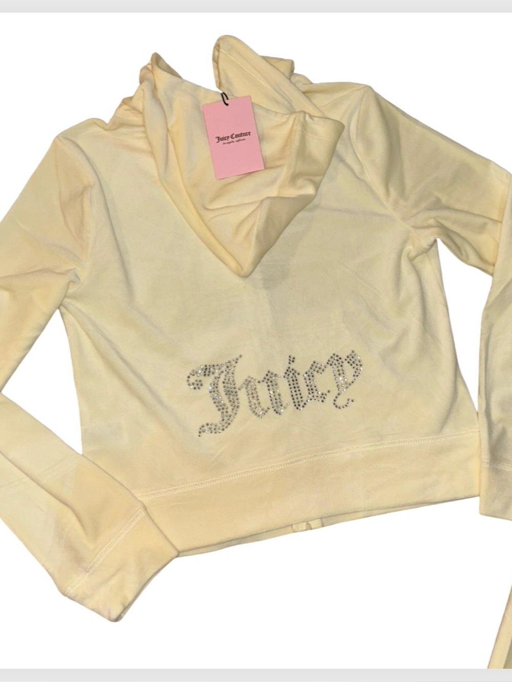 JUICY COUTURE SOFT YELLOW
OG BLING RHINESTONE VELOUR TRACKSUIT HOODIE XS NWT - Picture 4 of 6
